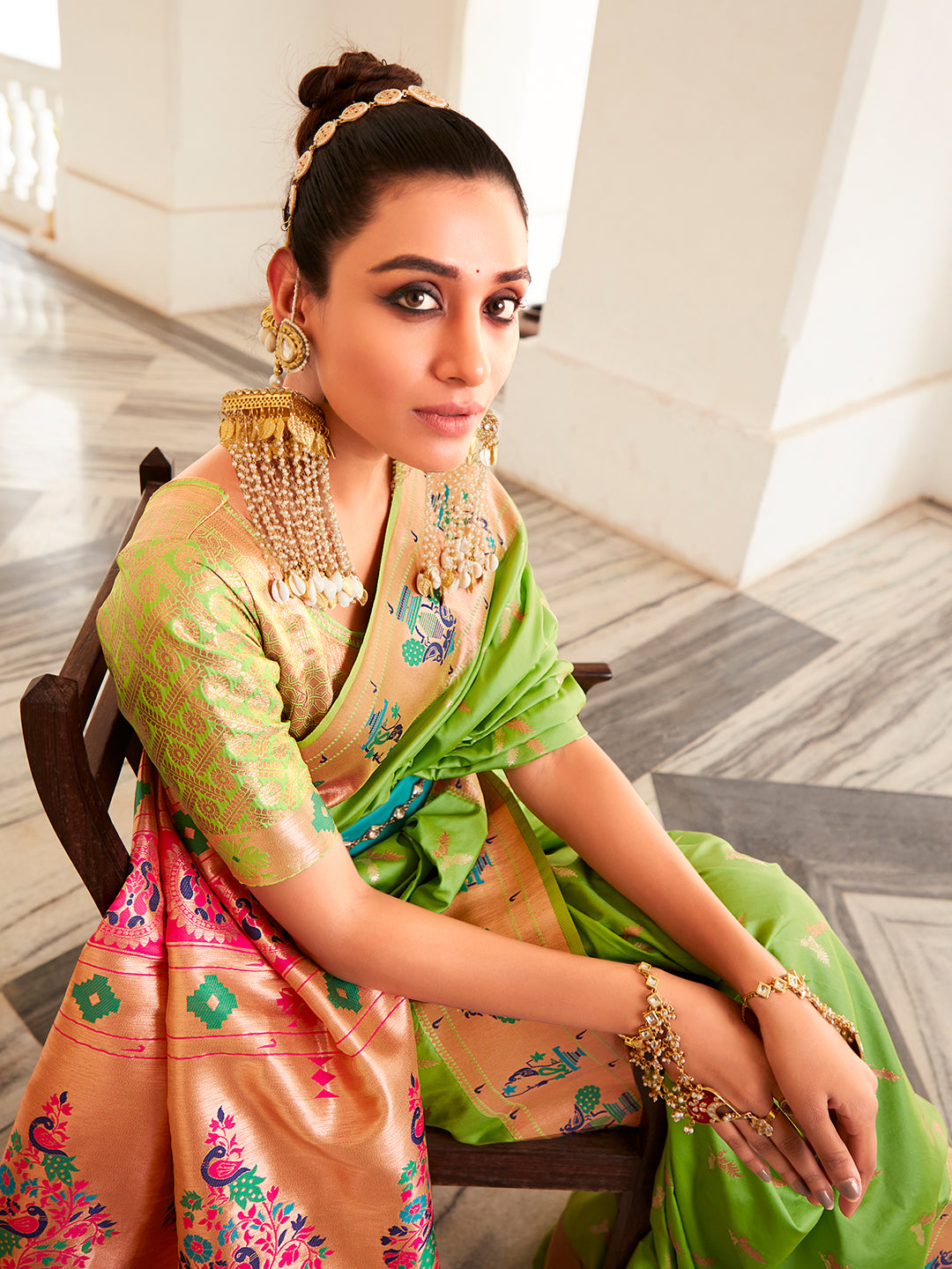 Parrot Green Paithani Saree