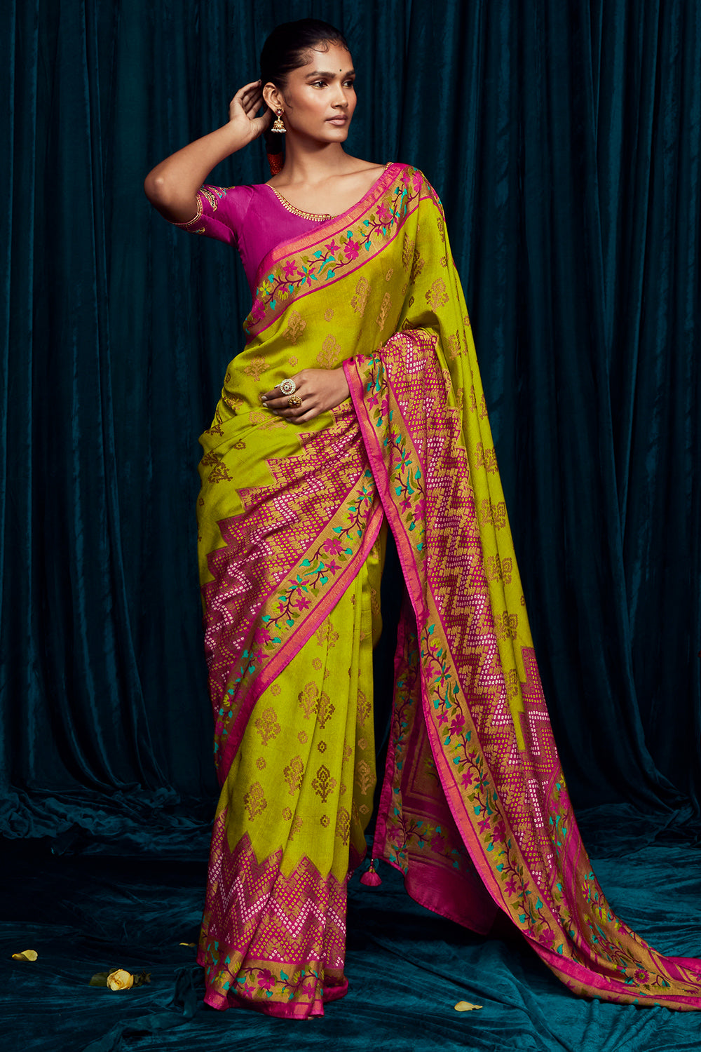 chartreuse yellow brasso saree 1