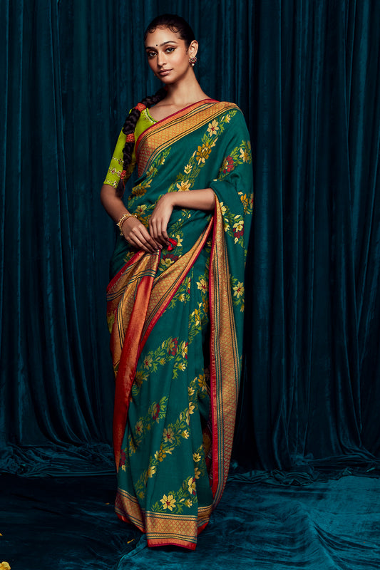 peacock green brasso saree 1