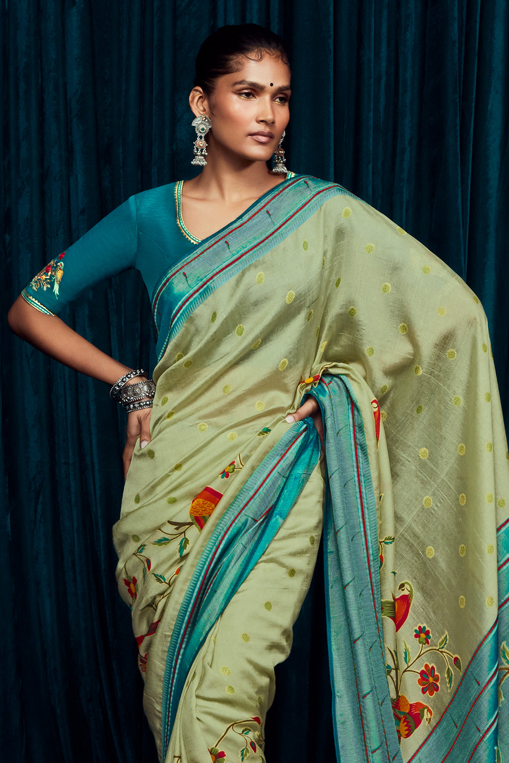 sage green brasso saree 2