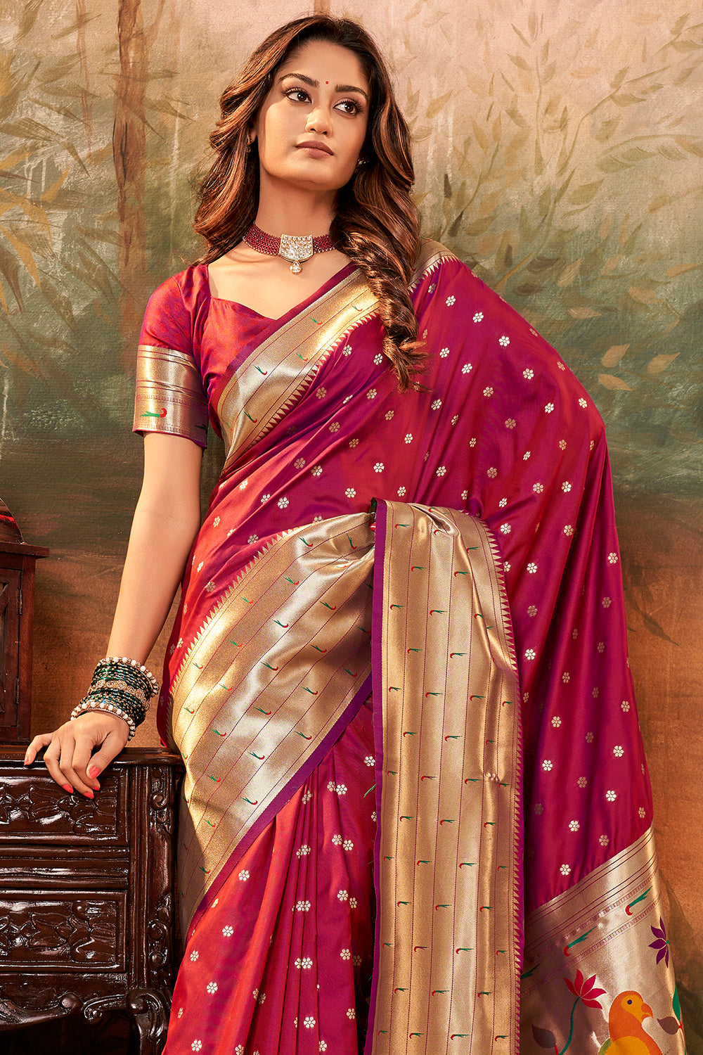 Maroon color paithani silk saree with zari weaving attractive pallu