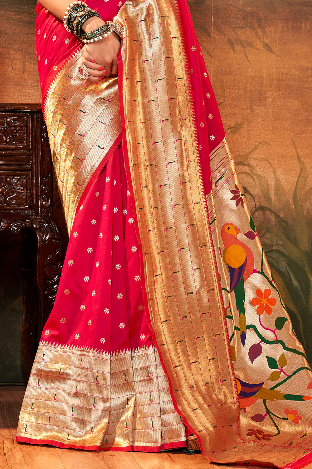 rose red paithani saree 5