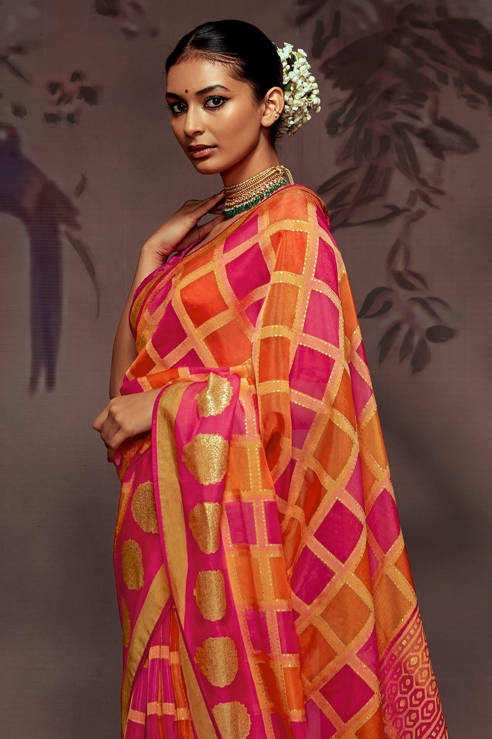 pink and orange brasso saree 1