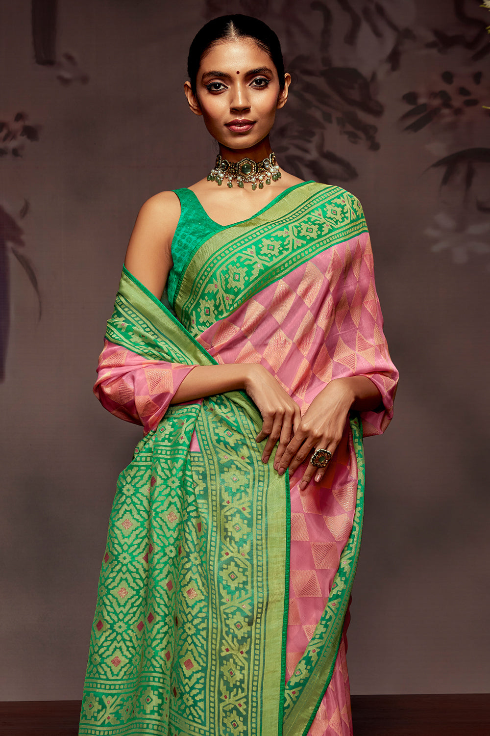 watermelon pink brasso saree 1