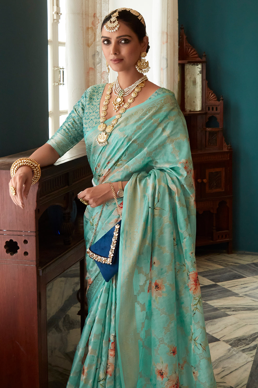 turquoise blue soft silk saree 2