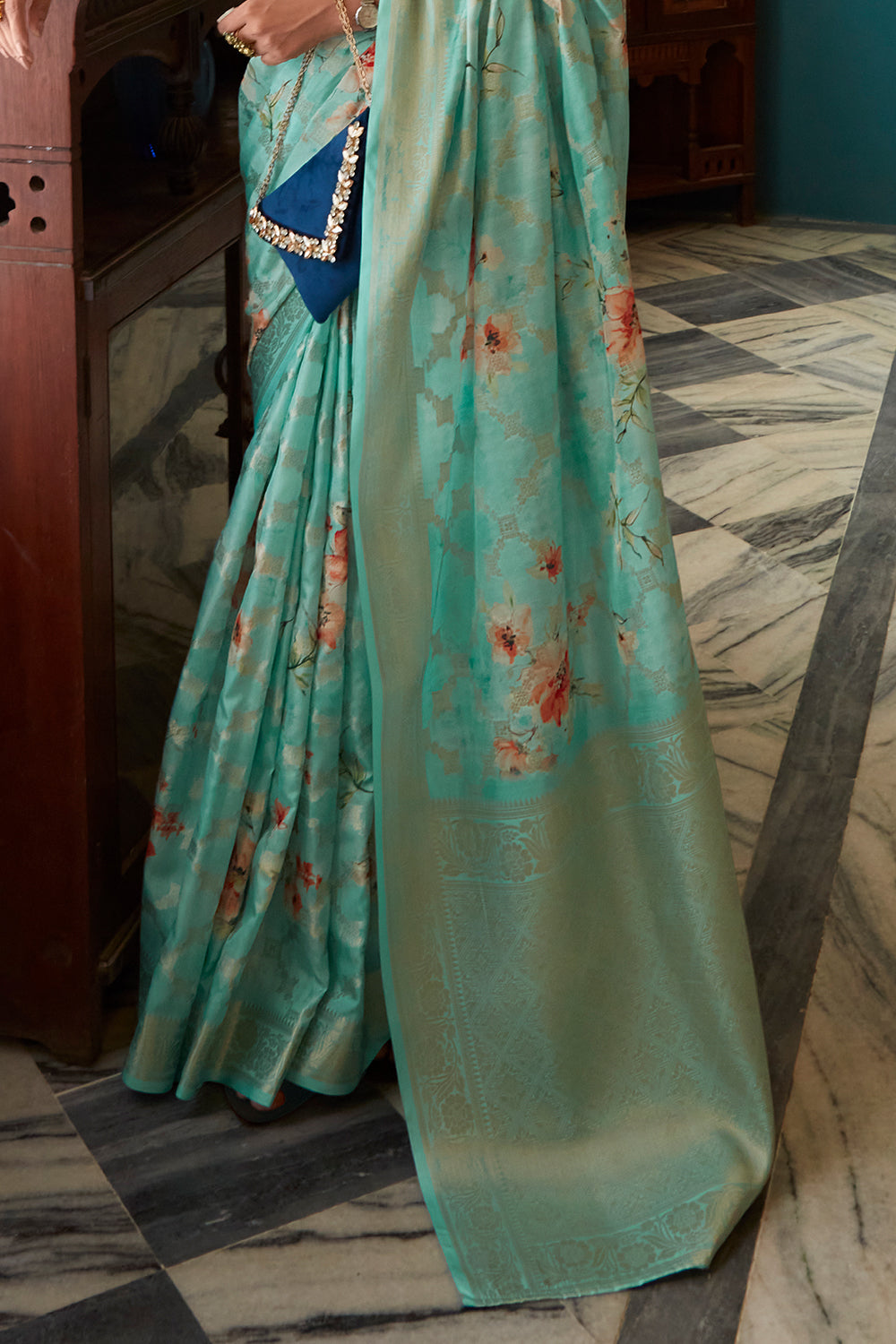 turquoise blue soft silk saree 3