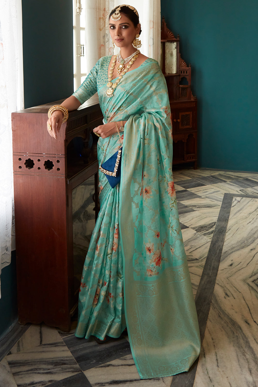 turquoise blue soft silk saree 1