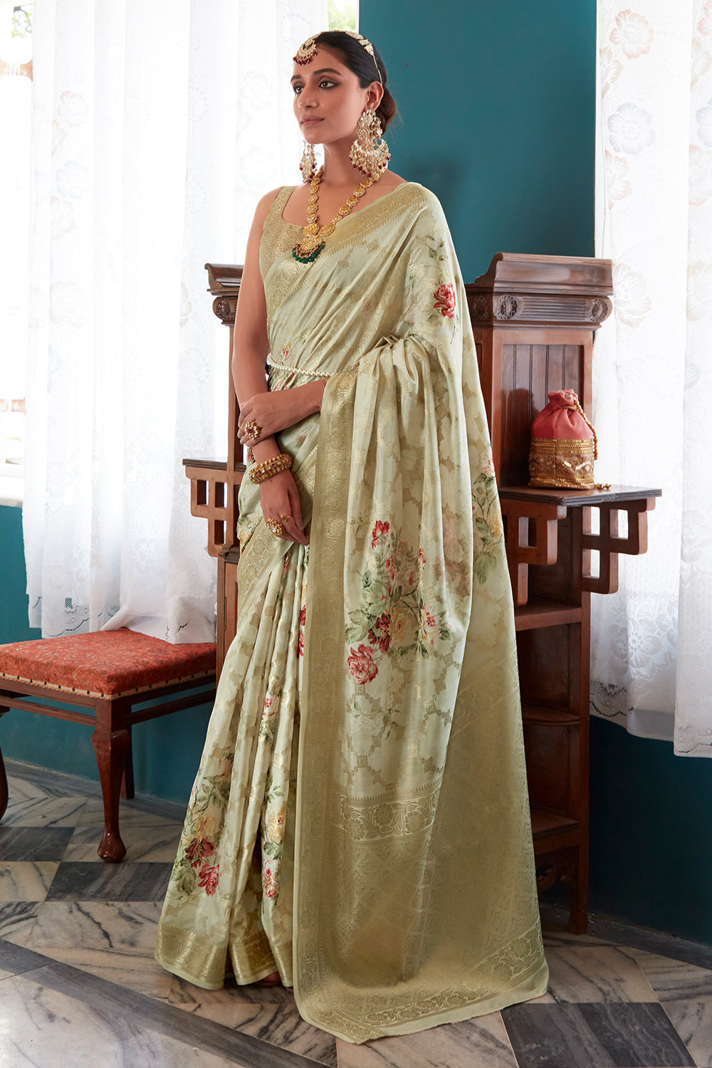 tea green soft silk saree 1