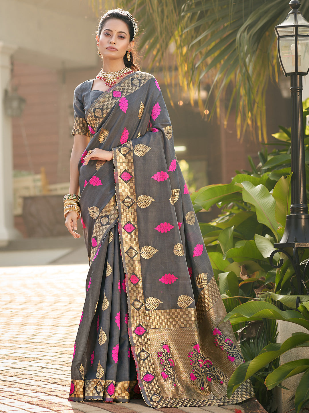 pigeon grey banarasi saree 1 2