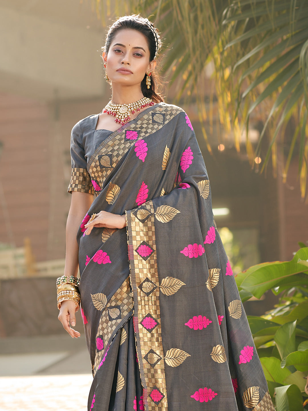 pigeon grey banarasi saree 1 4