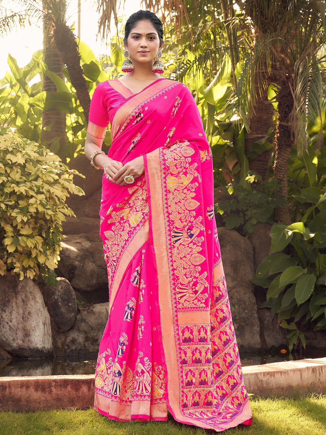 hot pink banarasi saree 1 2