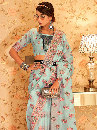 Columbia Blue Pashmina Saree