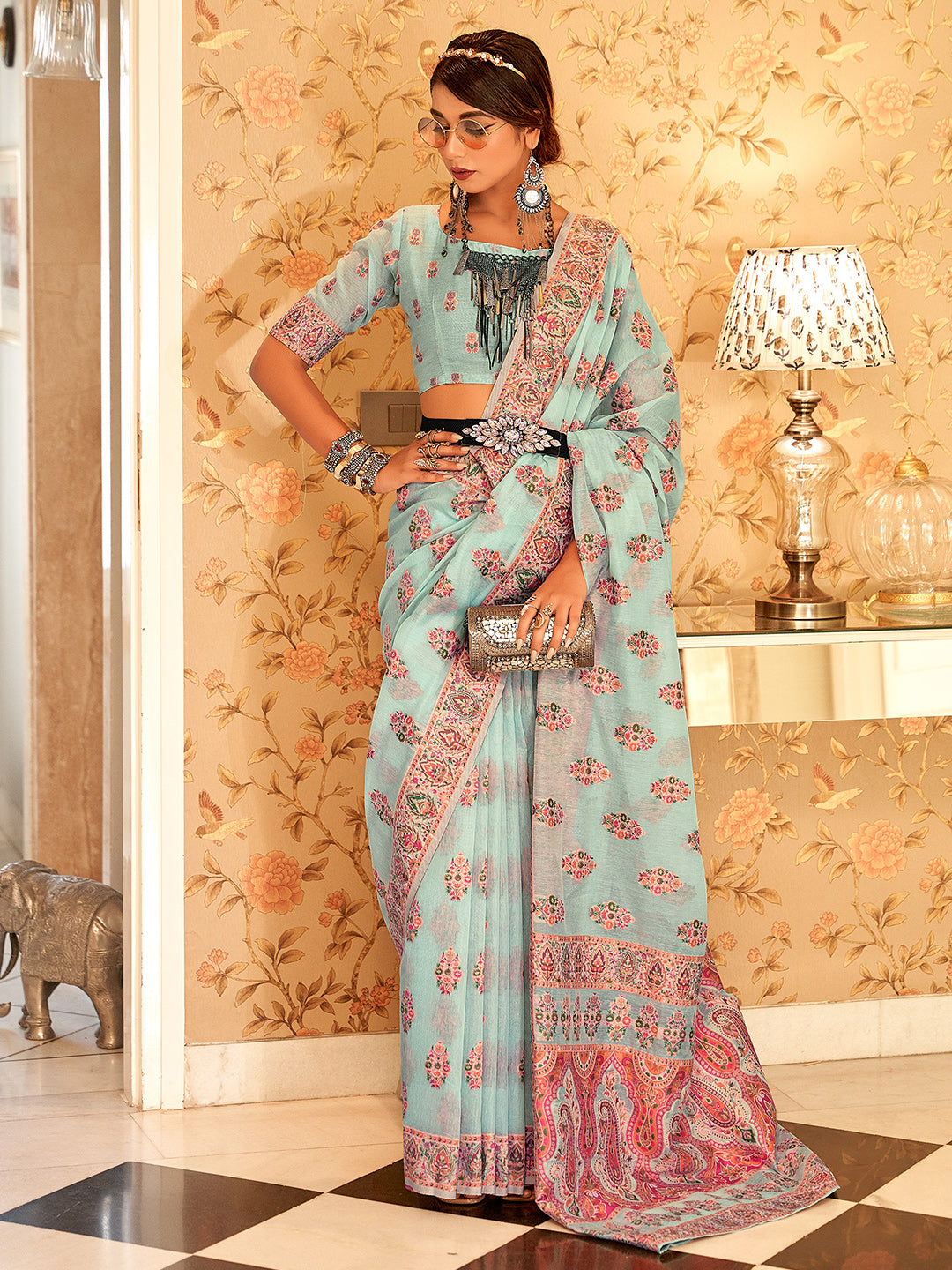 Columbia Blue Pashmina Saree