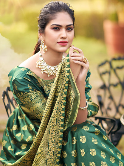 forest green zari butta banarasi saree 1