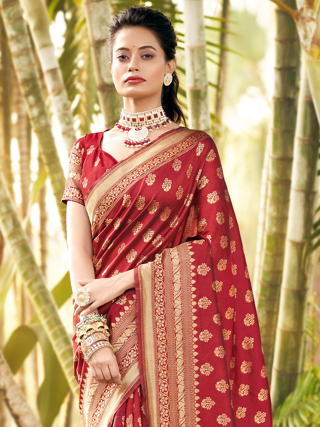 maroon zari butta banarasi saree 1