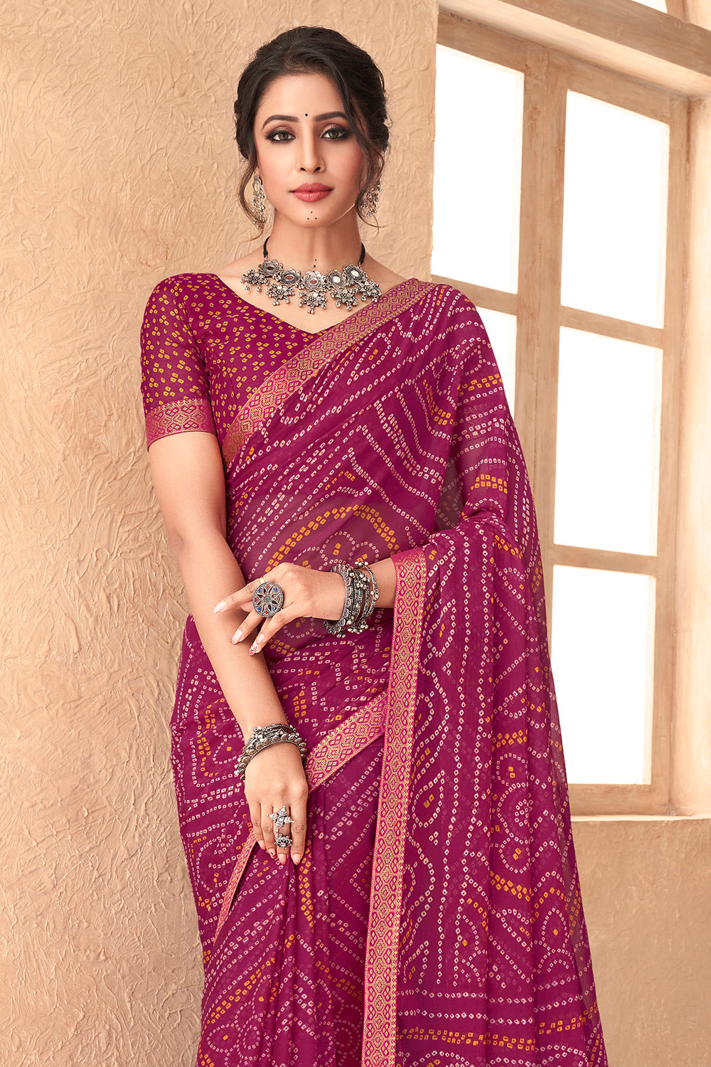 Ruby Pink Bandhani Saree