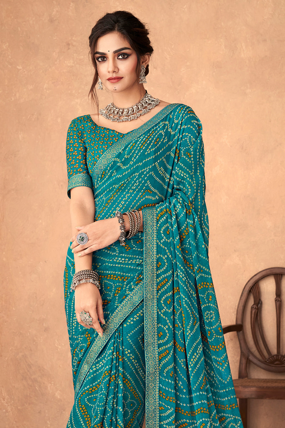 Teal Blue Bandhani Saree