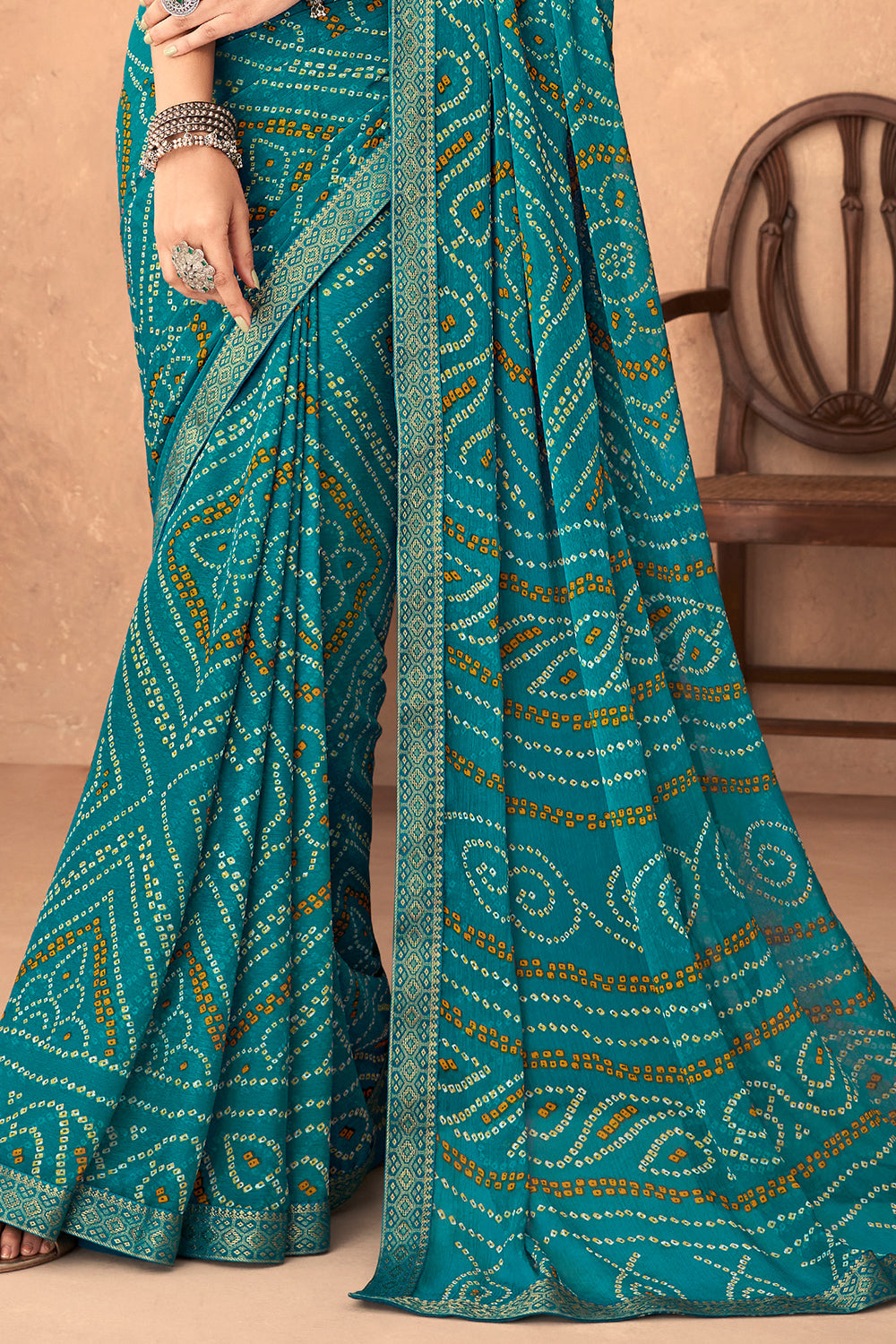 Teal Blue Bandhani Saree