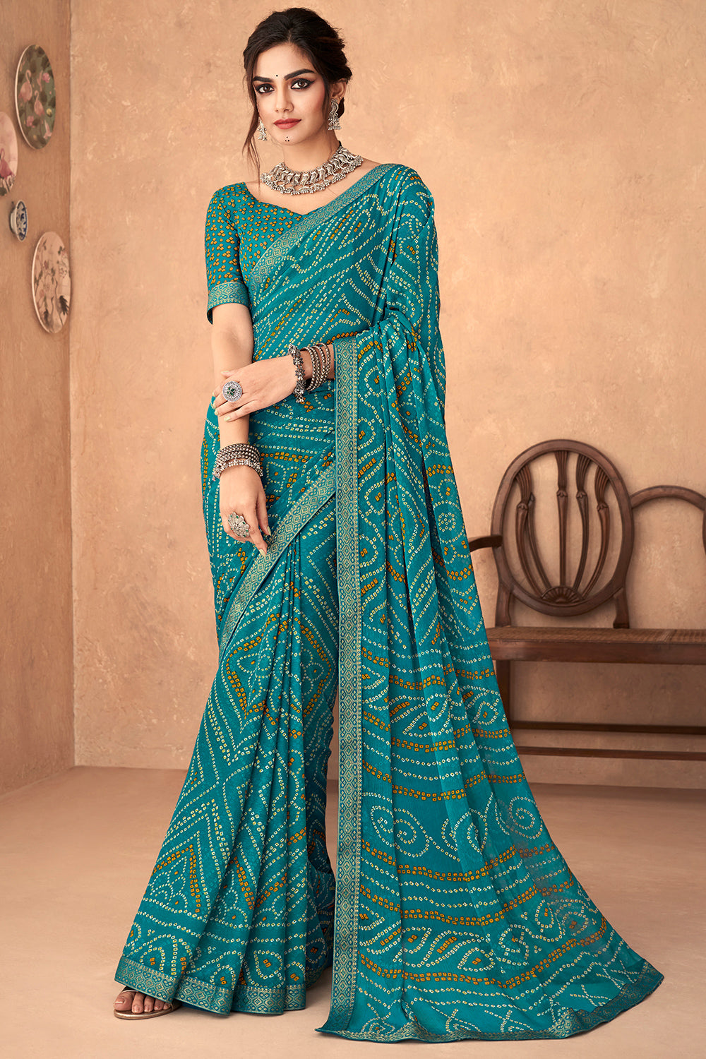 Teal Blue Bandhani Saree