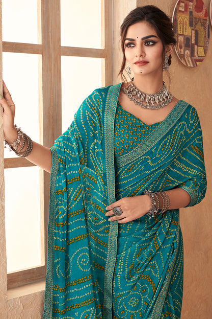 Teal Blue Bandhani Saree