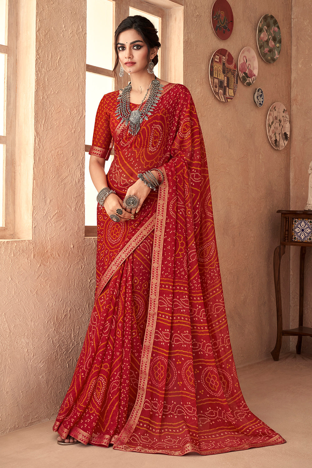 Buy Crimson Red Saree In Crush With A Crop Top In The Illusioned Neckline,  Paired With A Belt In Cut Dana And Moti Embroidery KALKI Fashion India