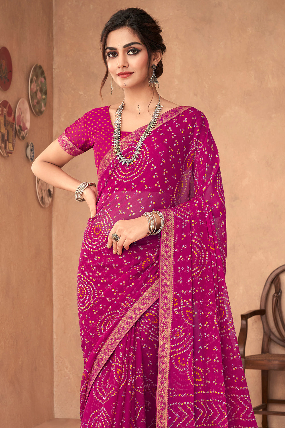 Magenta Pink Bandhani Saree