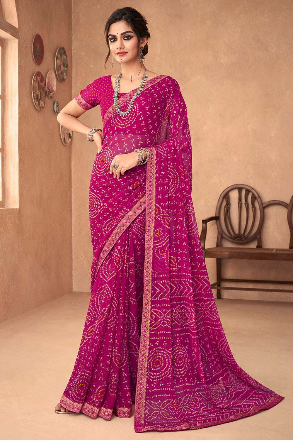 Magenta Pink Bandhani Saree