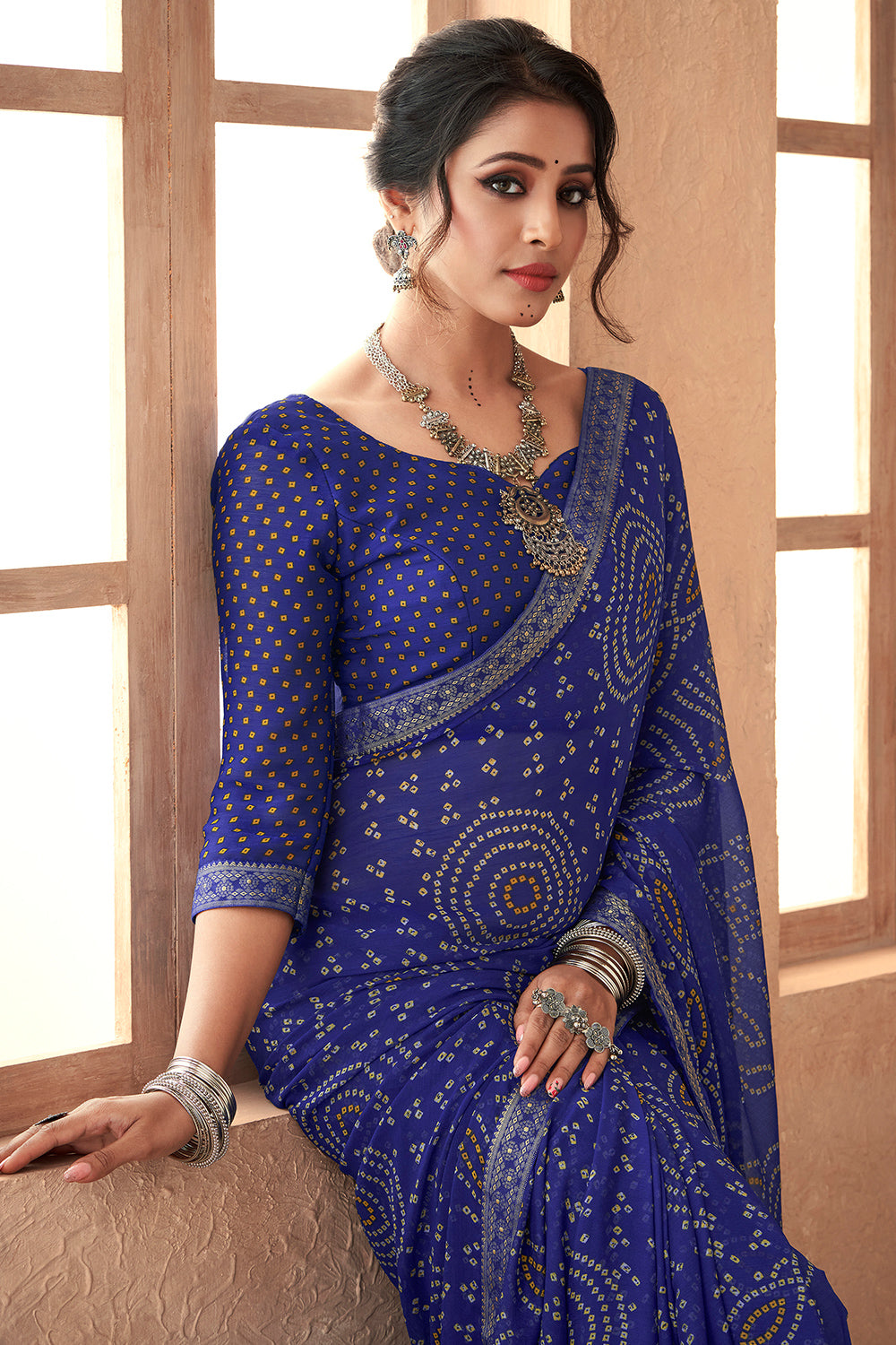 Navy Blue Bandhani Saree