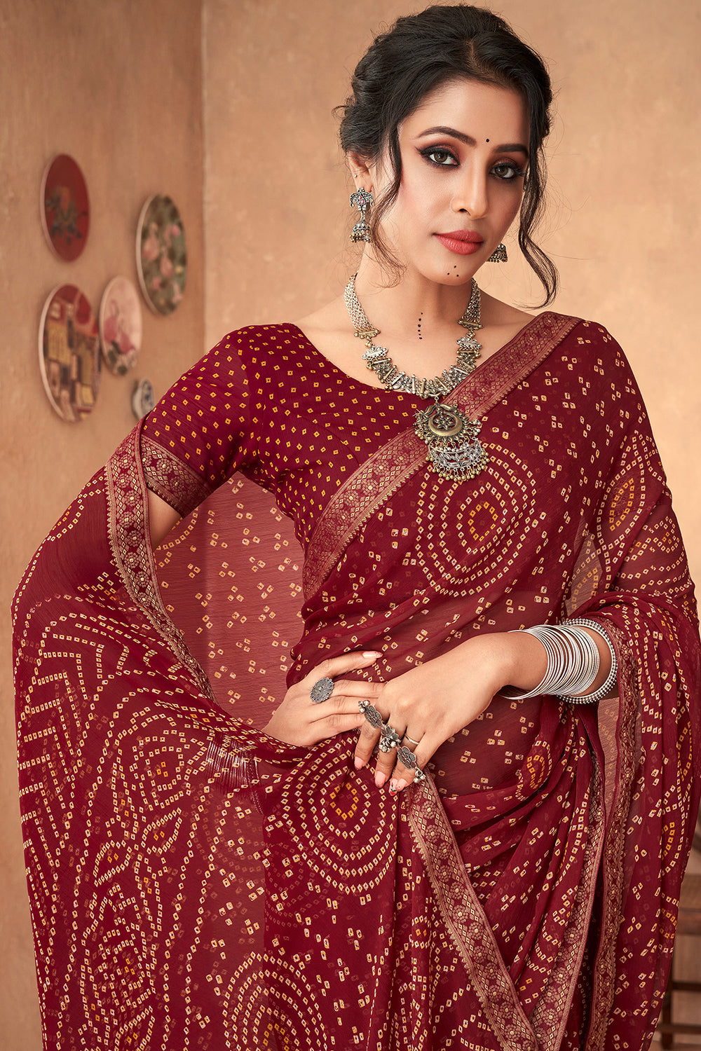 Sangria Red Bandhani Saree