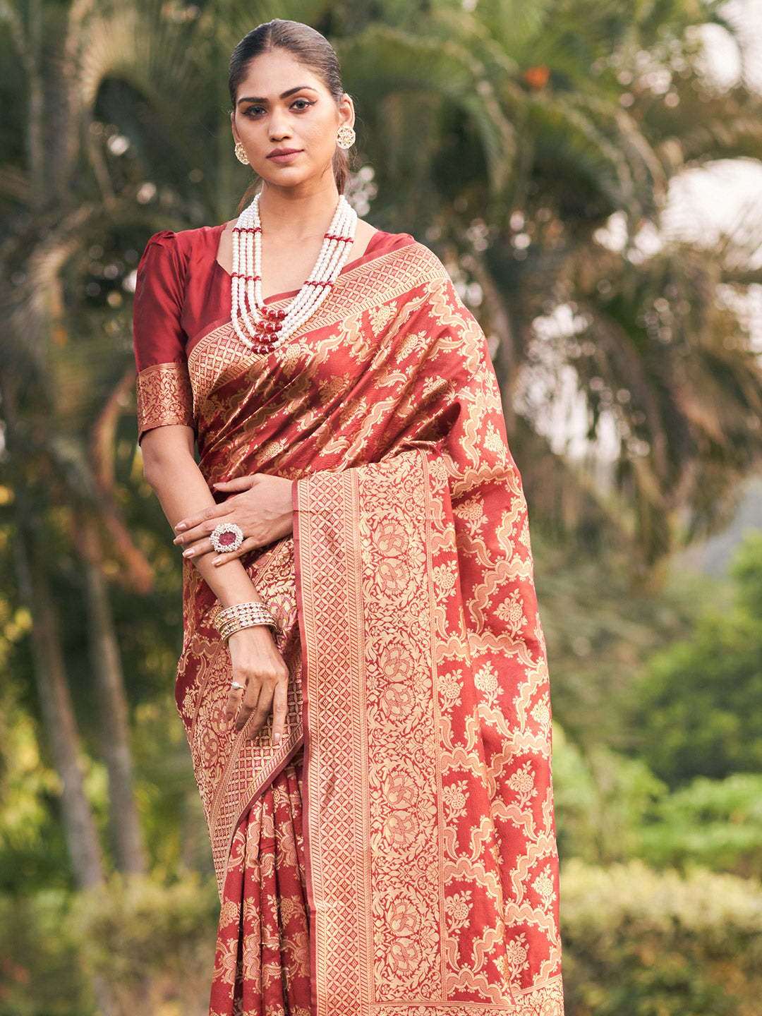 marron jaal pattern banarasi saree 1