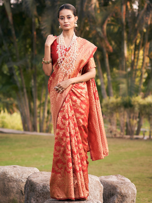 apple red jaal pattern banarasi saree 2