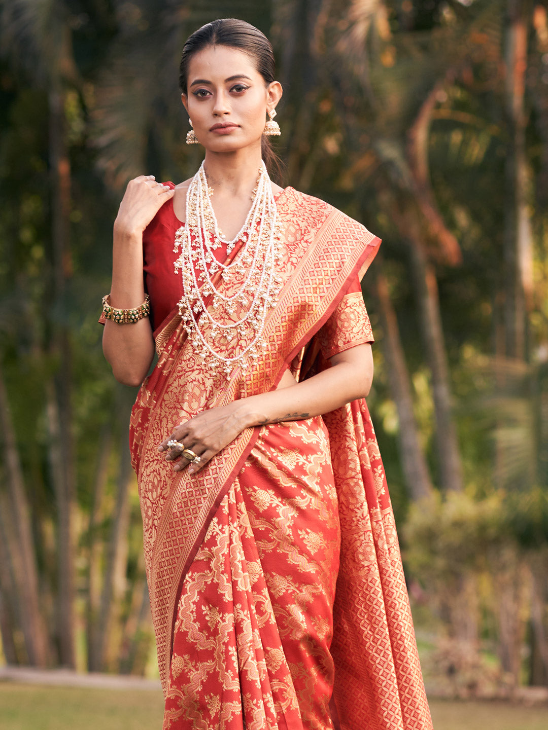 apple red jaal pattern banarasi saree 1