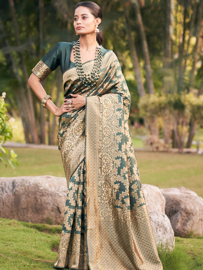 forest green jaal pattern banarasi saree 3