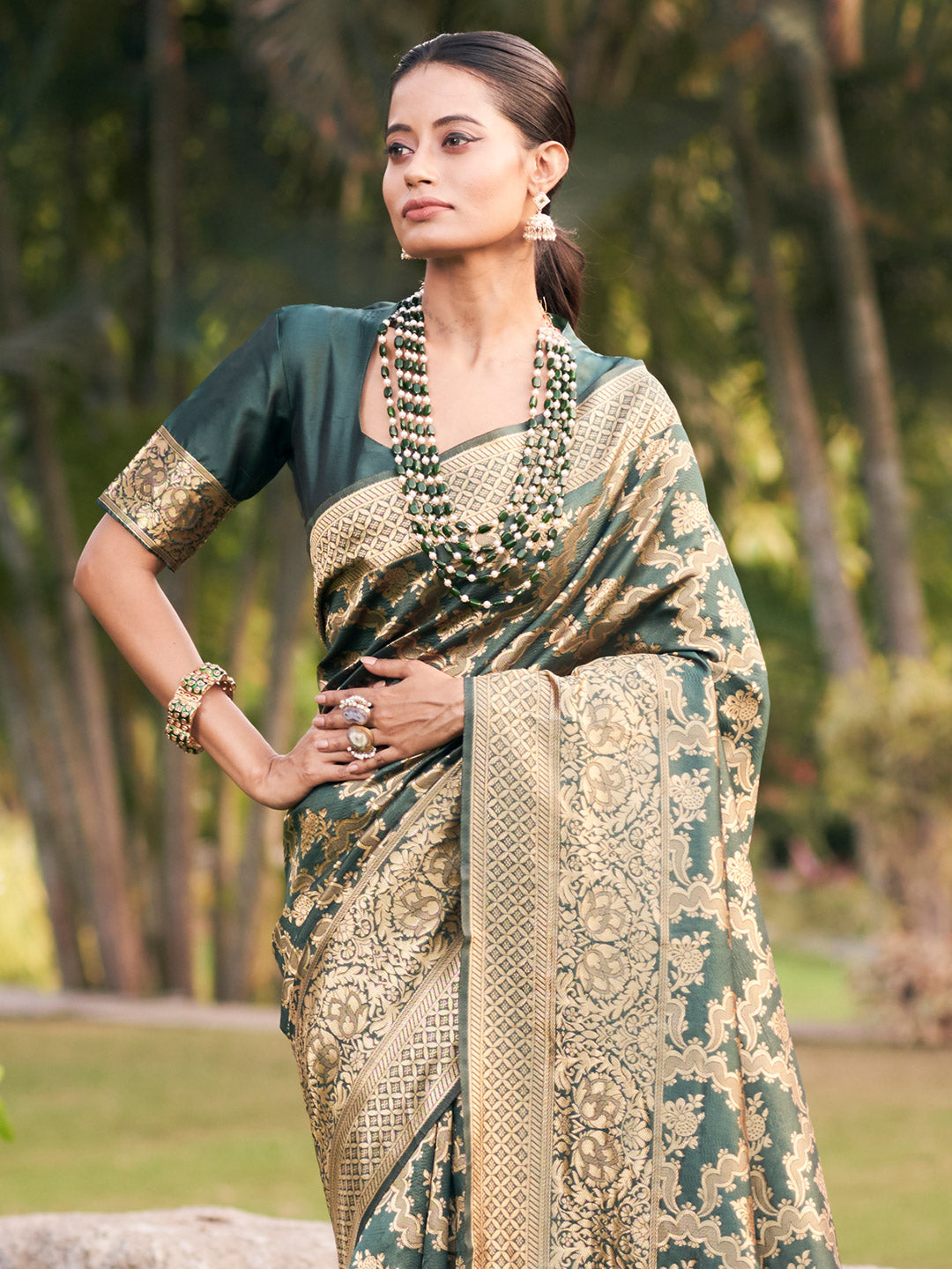 forest green jaal pattern banarasi saree 1