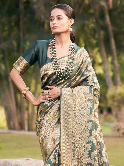 forest green jaal pattern banarasi saree 1