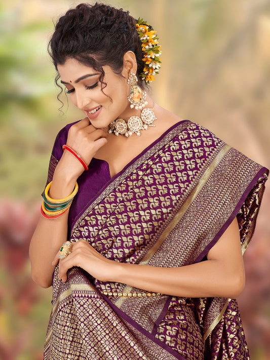 plum purple zari butta banarasi saree 1