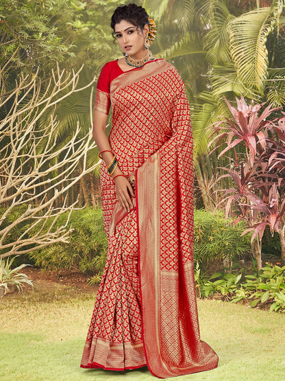 fire red zari butta banarasi saree 4