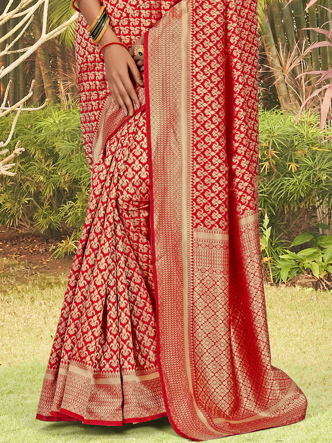 fire red zari butta banarasi saree 3