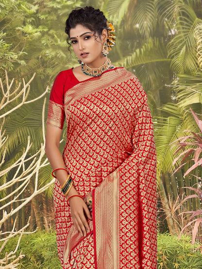 fire red zari butta banarasi saree 2