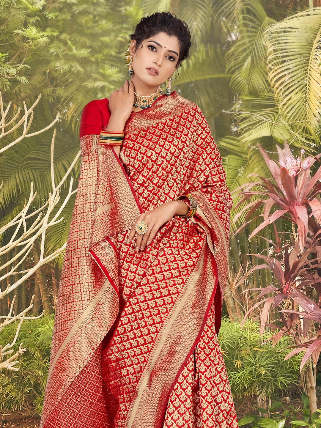 fire red zari butta banarasi saree 1