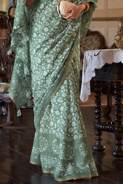 fern green soft linen saree 3