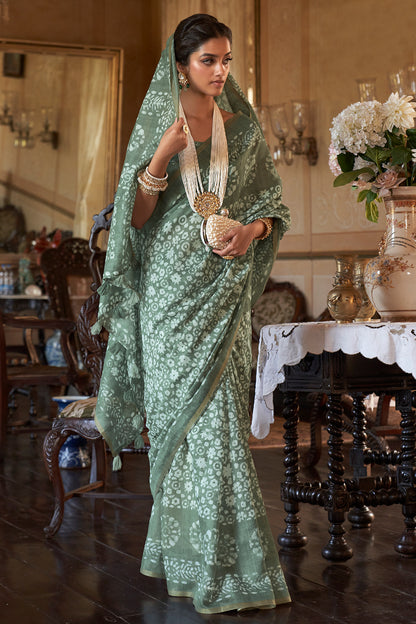 fern green soft linen saree 1