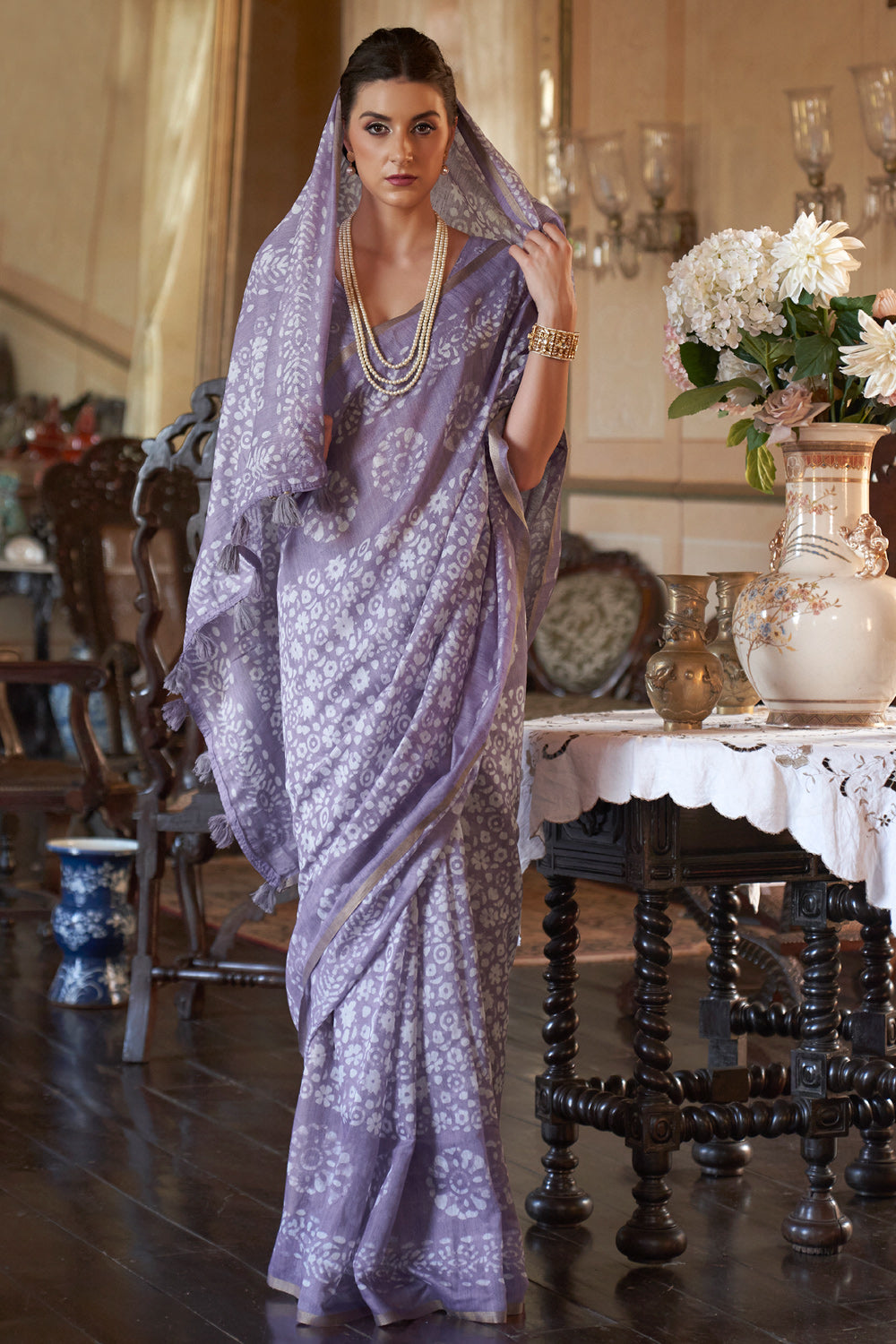 periwinkle purple soft linen saree 1