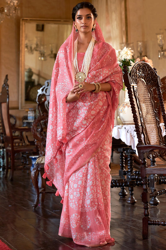 watermelon pink soft linen saree 1