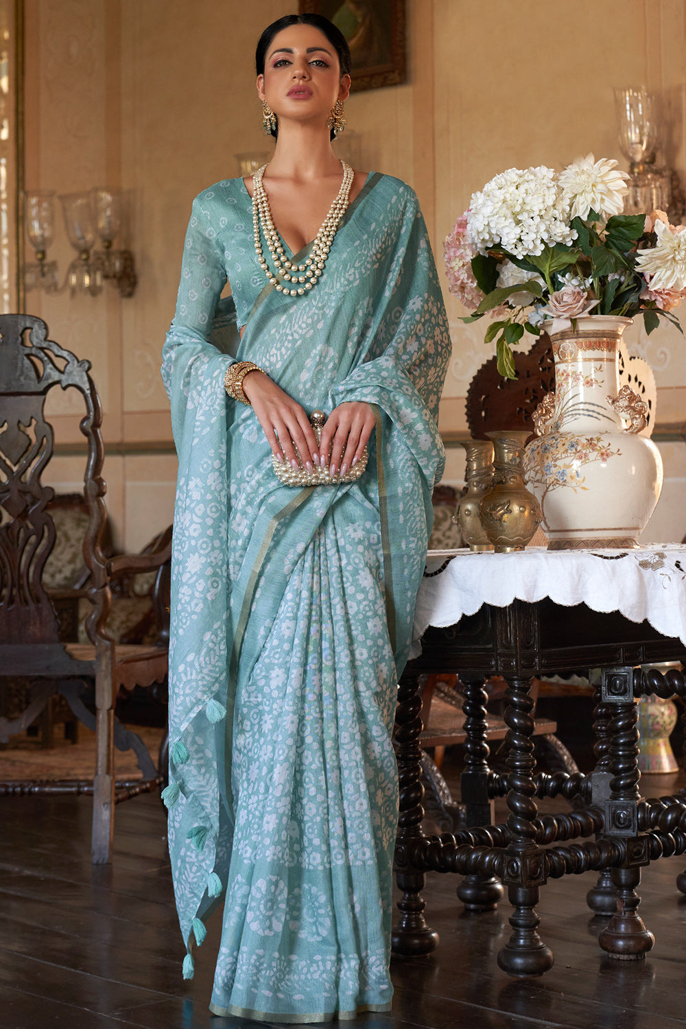 cerulean blue soft linen saree 1