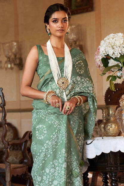 sage green soft linen saree 2