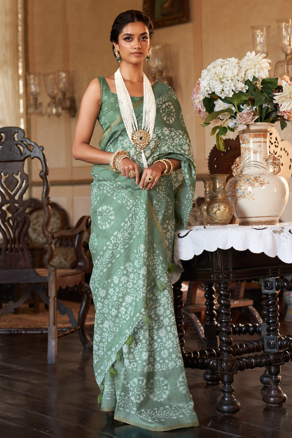 sage green soft linen saree 1