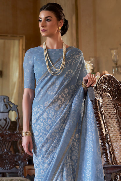 steel blue soft linen saree 2