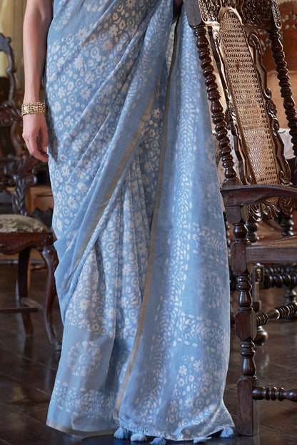 steel blue soft linen saree 3