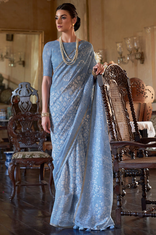 steel blue soft linen saree 1